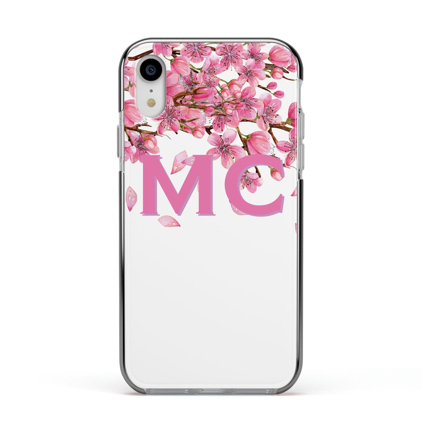 Personalised Pink White Blossom Apple iPhone XR Impact Case Black Edge on Silver Phone