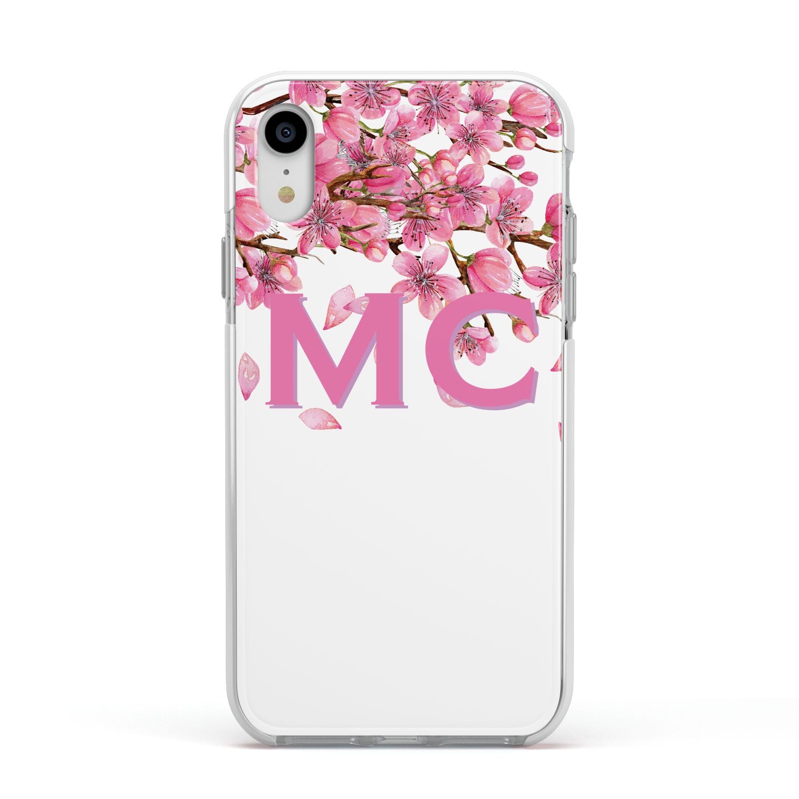 Personalised Pink White Blossom Apple iPhone XR Impact Case White Edge on Silver Phone