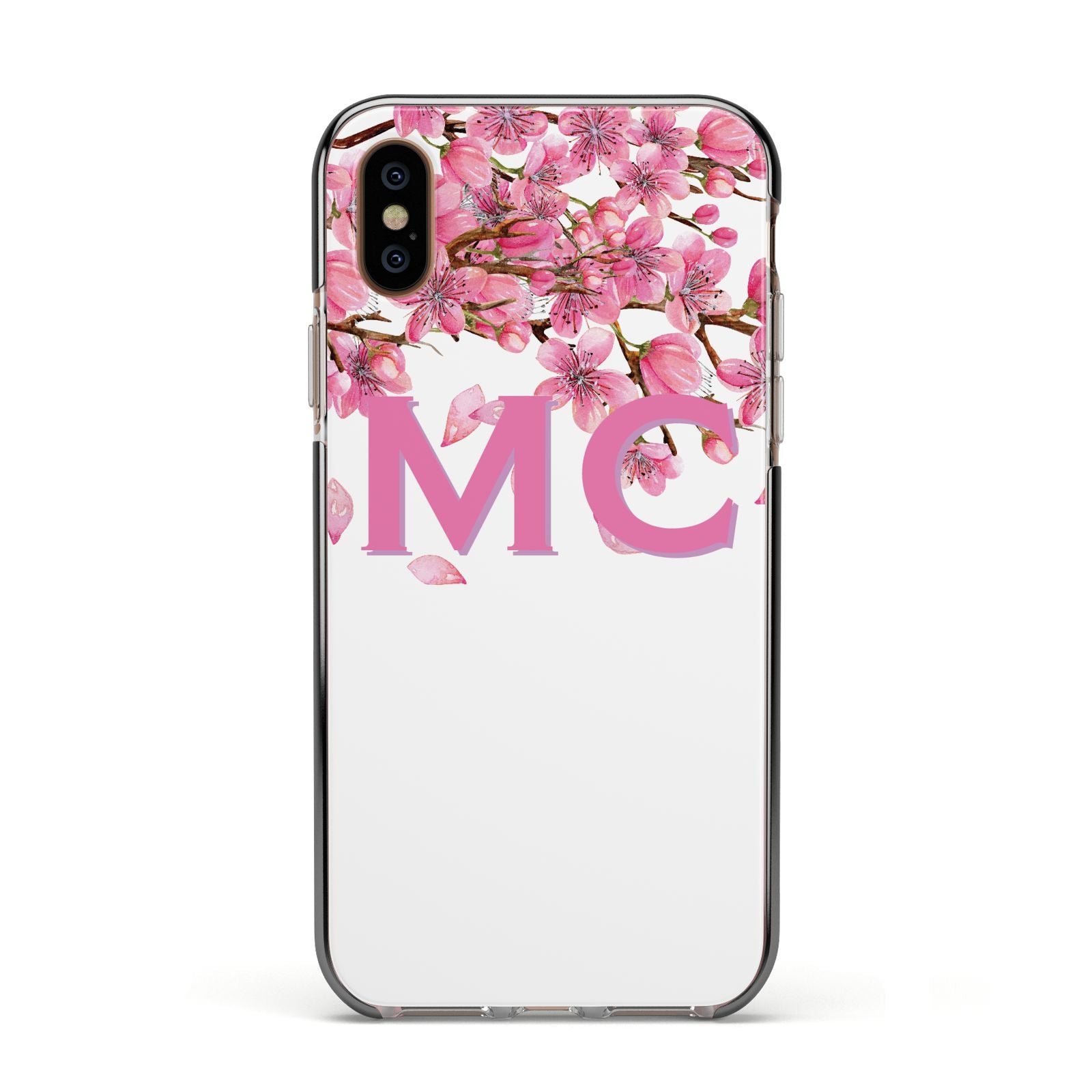 Personalised Pink White Blossom Apple iPhone Xs Impact Case Black Edge on Gold Phone