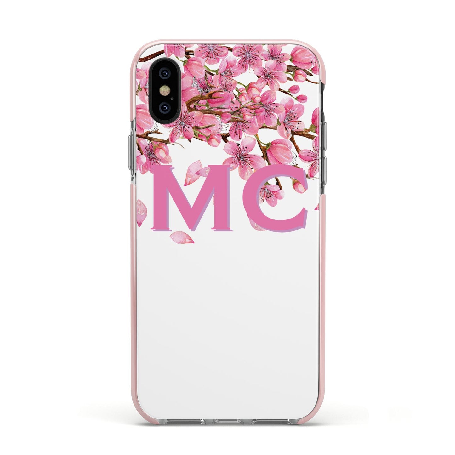 Personalised Pink White Blossom Apple iPhone Xs Impact Case Pink Edge on Black Phone