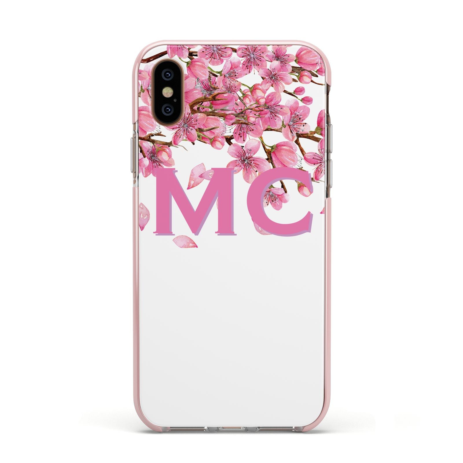 Personalised Pink White Blossom Apple iPhone Xs Impact Case Pink Edge on Gold Phone
