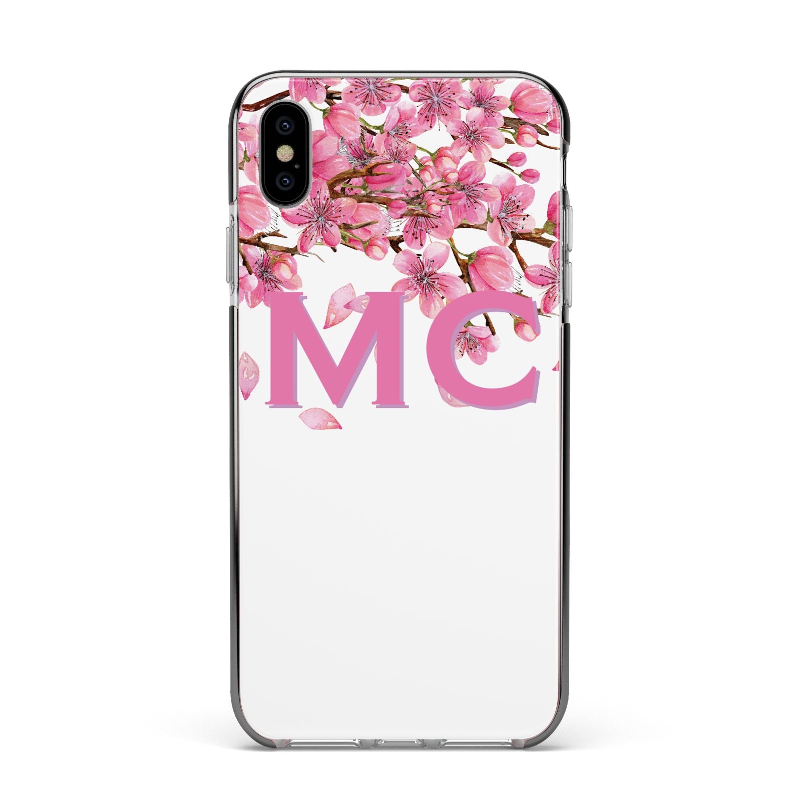 Personalised Pink White Blossom Apple iPhone Xs Max Impact Case Black Edge on Silver Phone