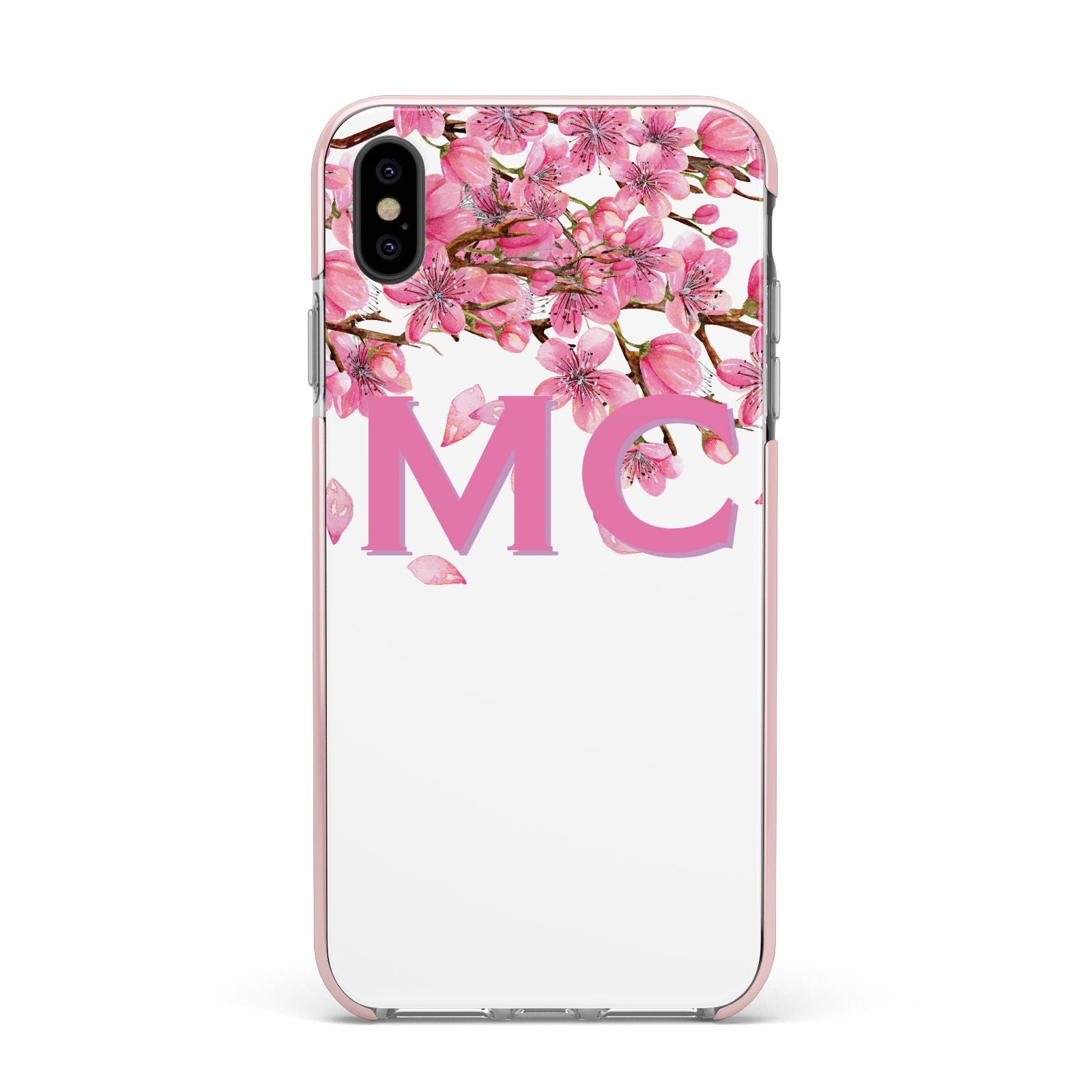 Personalised Pink White Blossom Apple iPhone Xs Max Impact Case Pink Edge on Black Phone