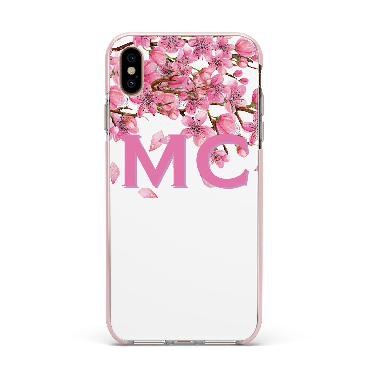 Personalised Pink White Blossom Apple iPhone Xs Max Impact Case Pink Edge on Gold Phone