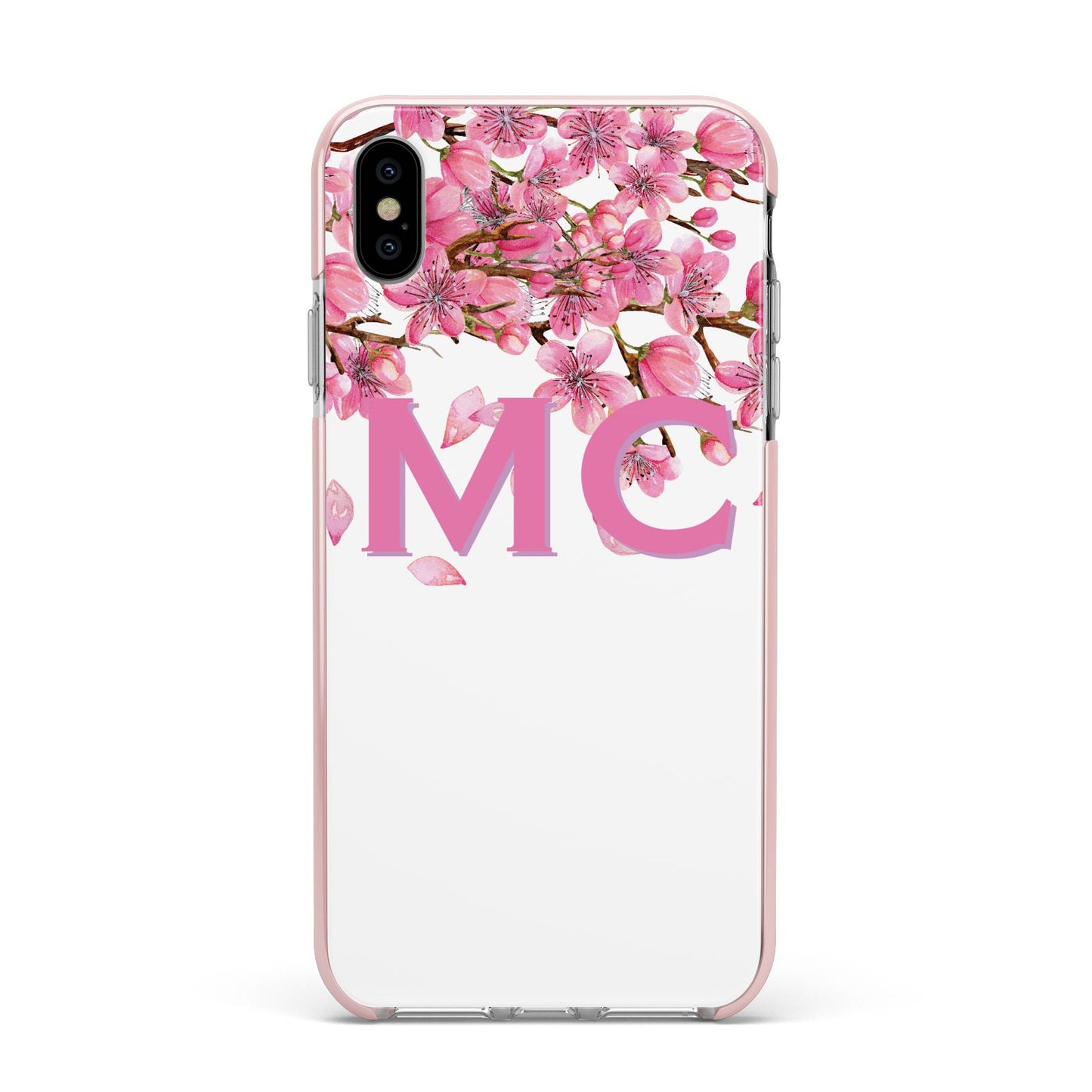 Personalised Pink White Blossom Apple iPhone Xs Max Impact Case Pink Edge on Silver Phone