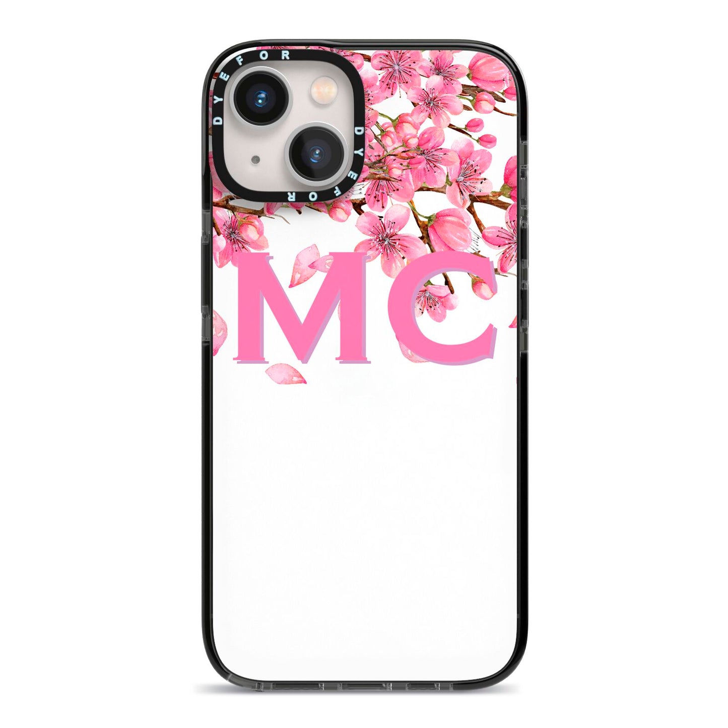 Personalised Pink White Blossom iPhone 13 Black Impact Case on Silver phone