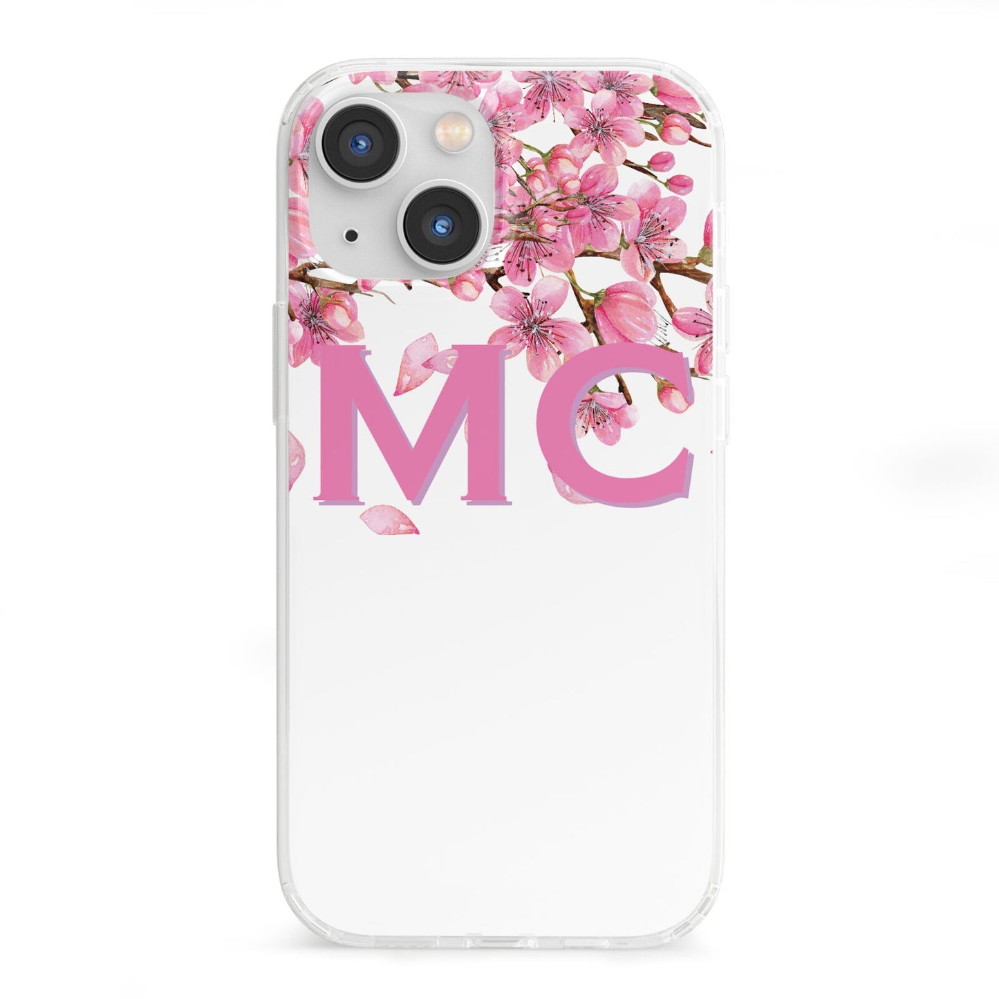 Personalised Pink White Blossom iPhone 13 Mini Clear Bumper Case