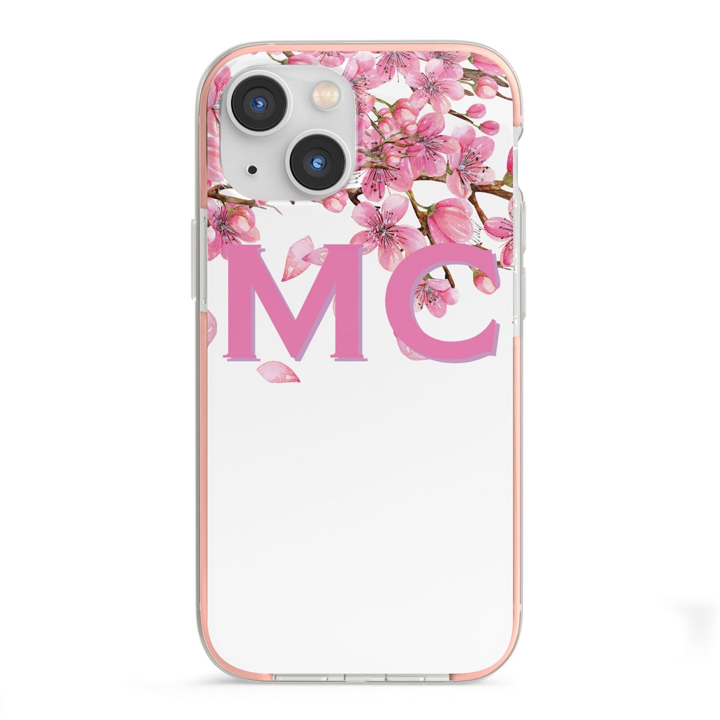 Personalised Pink White Blossom iPhone 13 Mini TPU Impact Case with Pink Edges