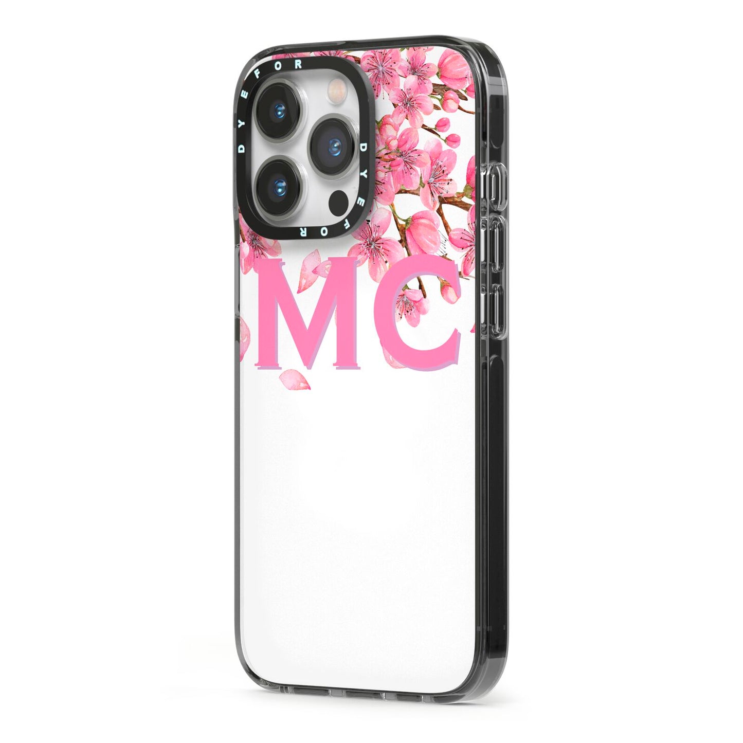 Personalised Pink White Blossom iPhone 13 Pro Black Impact Case Side Angle on Silver phone