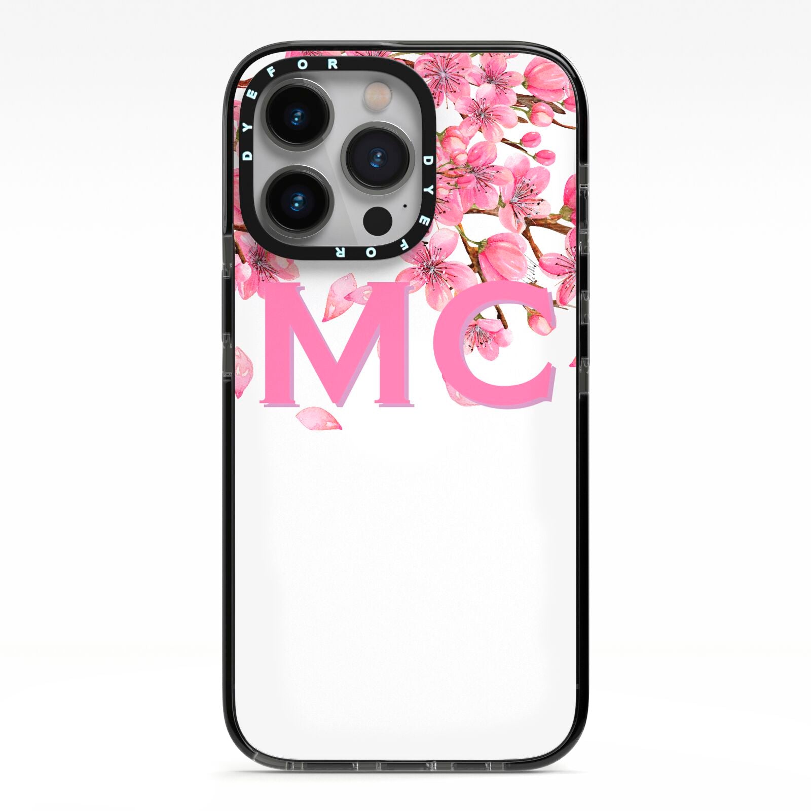 Personalised Pink White Blossom iPhone 13 Pro Black Impact Case on Silver phone