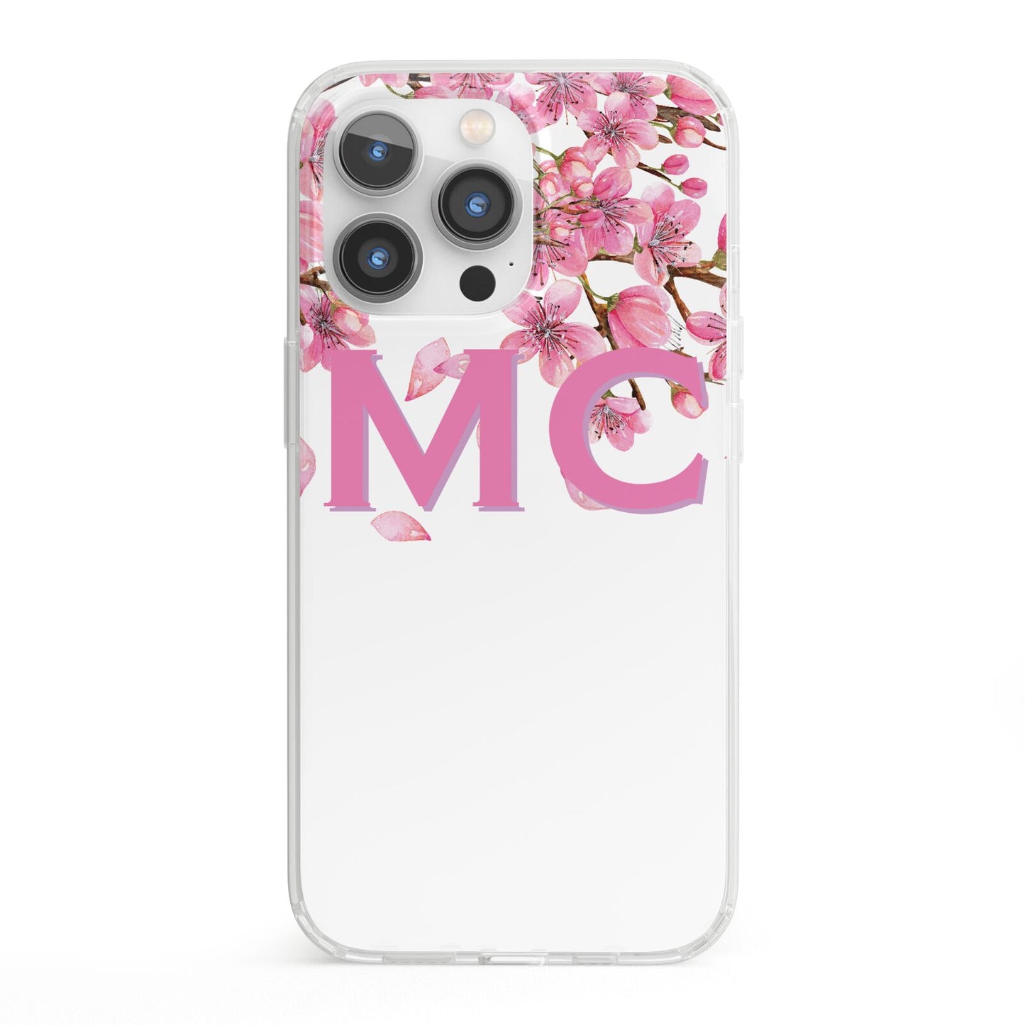 Personalised Pink White Blossom iPhone 13 Pro Clear Bumper Case