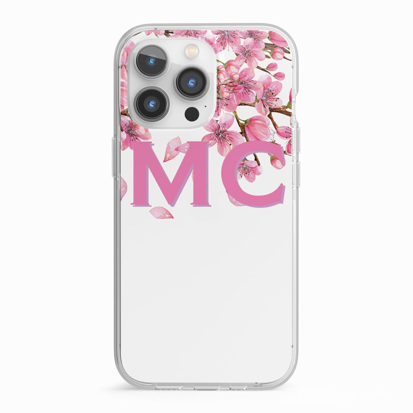 Personalised Pink White Blossom iPhone 13 Pro TPU Impact Case with White Edges