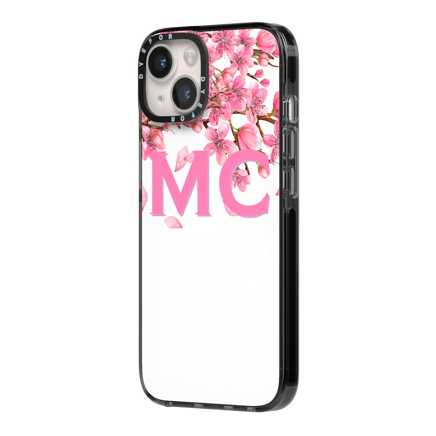 Personalised Pink White Blossom iPhone 14 Black Impact Case Side Angle on Silver phone