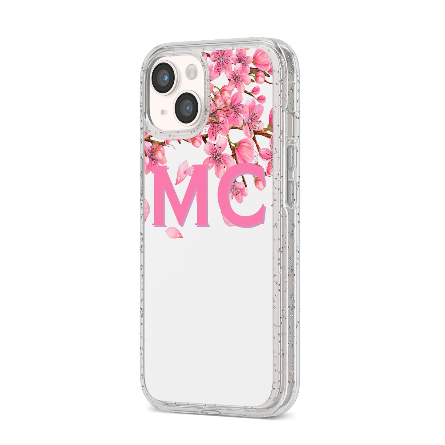 Personalised Pink White Blossom iPhone 14 Glitter Tough Case Starlight Angled Image