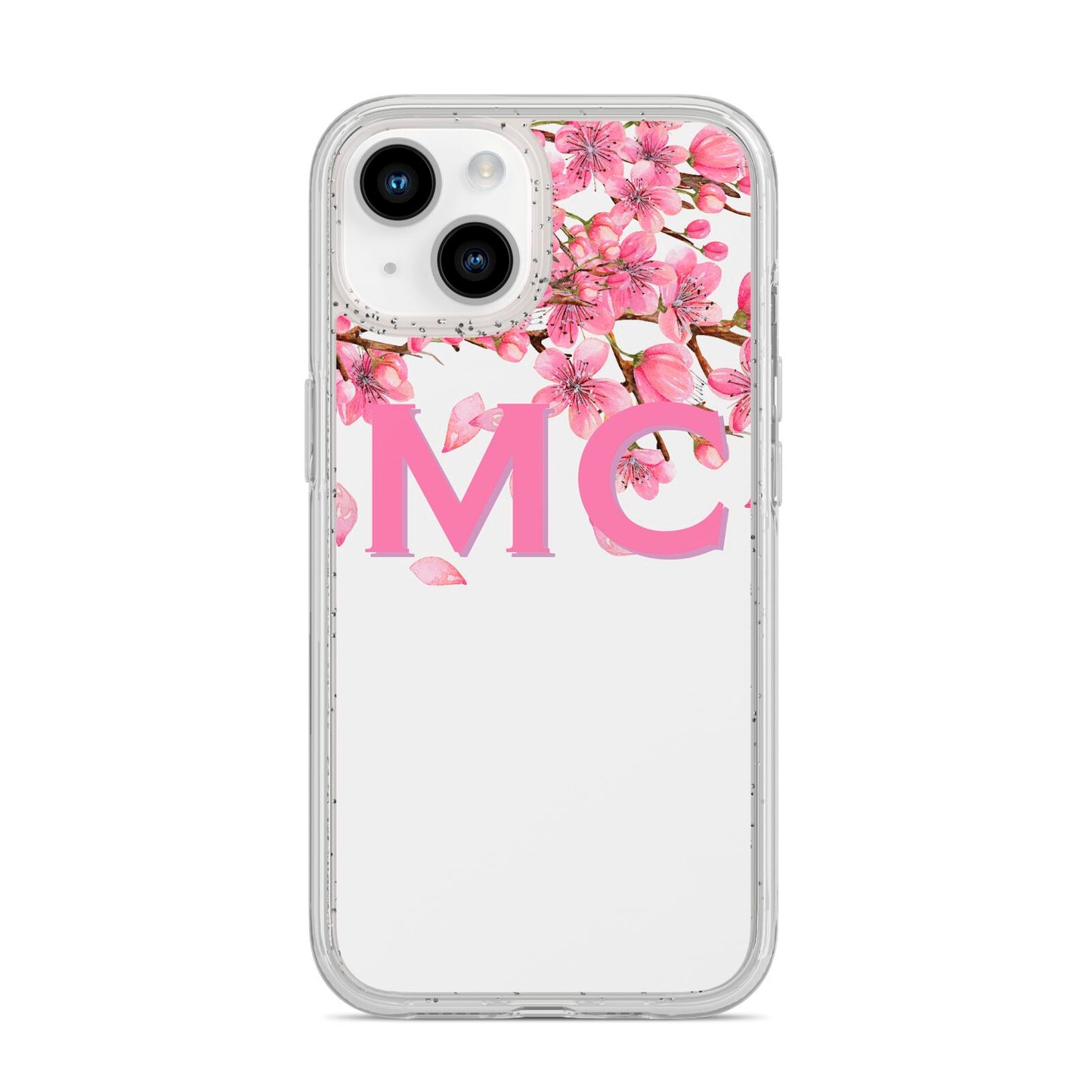 Personalised Pink White Blossom iPhone 14 Glitter Tough Case Starlight