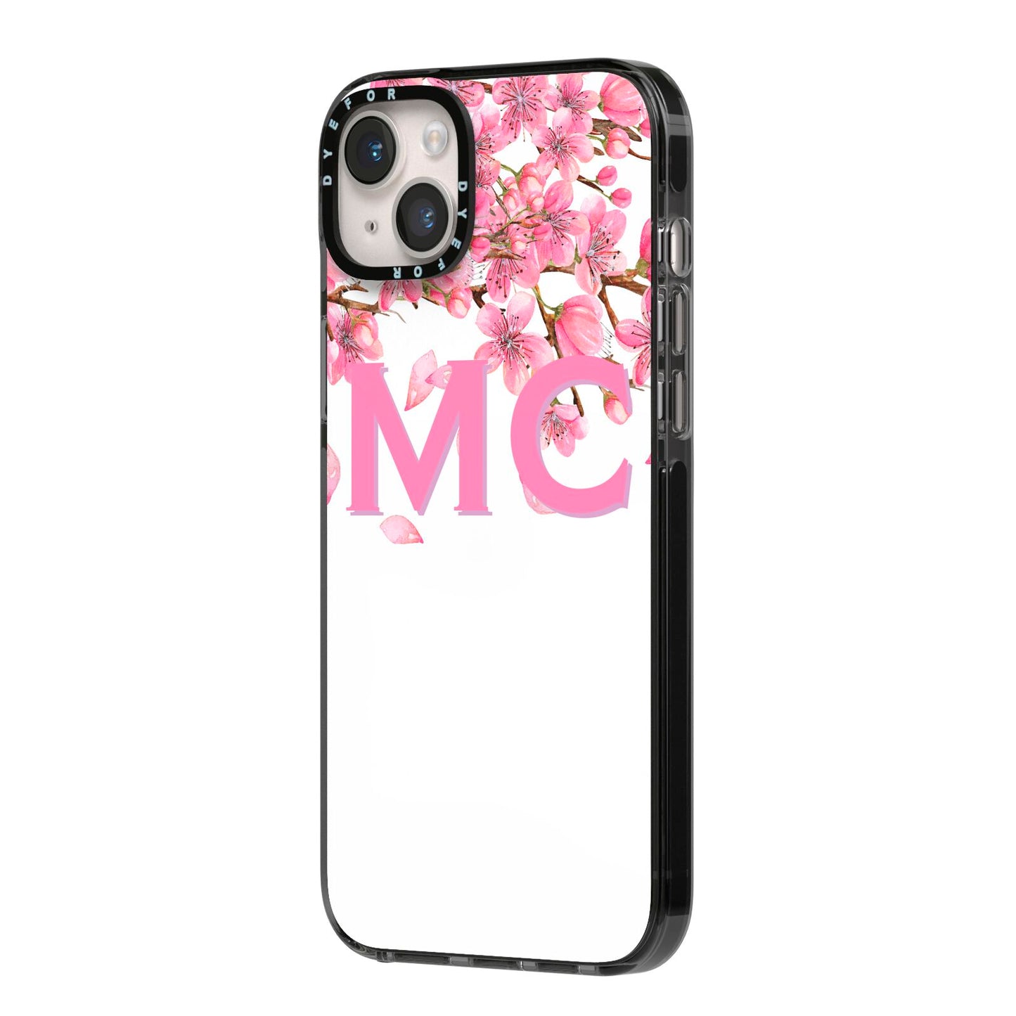 Personalised Pink White Blossom iPhone 14 Plus Black Impact Case Side Angle on Silver phone