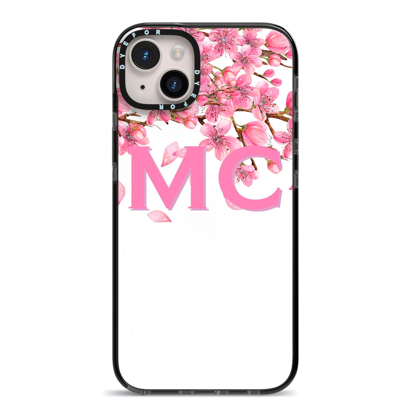 Personalised Pink White Blossom iPhone 14 Plus Black Impact Case on Silver phone
