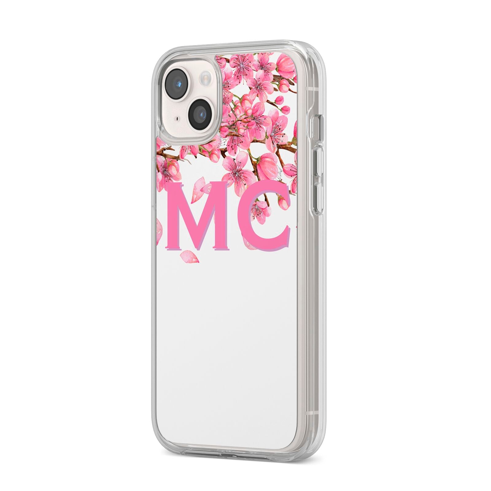 Personalised Pink White Blossom iPhone 14 Plus Clear Tough Case Starlight Angled Image