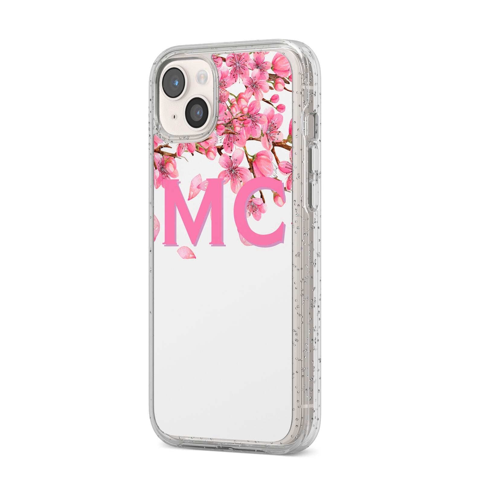 Personalised Pink White Blossom iPhone 14 Plus Glitter Tough Case Starlight Angled Image