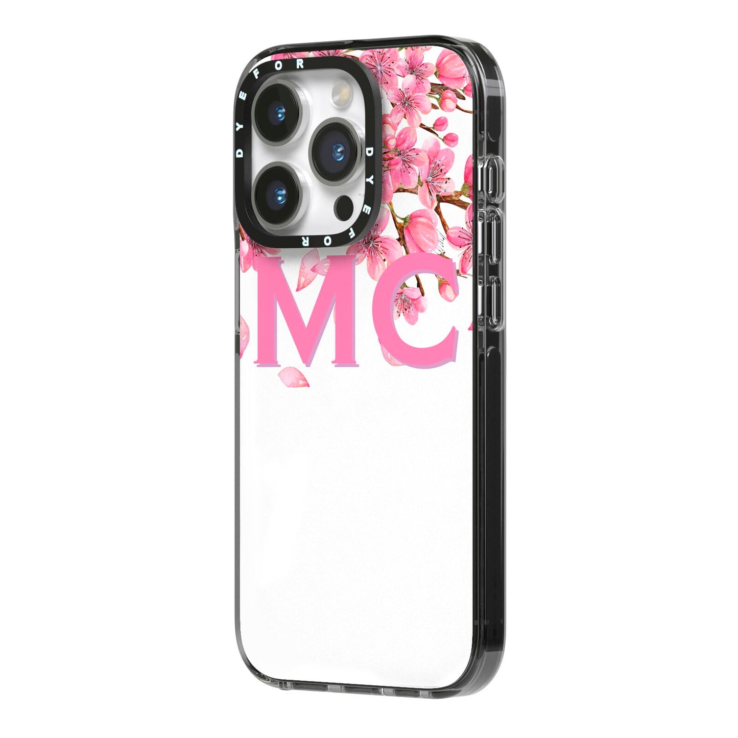 Personalised Pink White Blossom iPhone 14 Pro Black Impact Case Side Angle on Silver phone