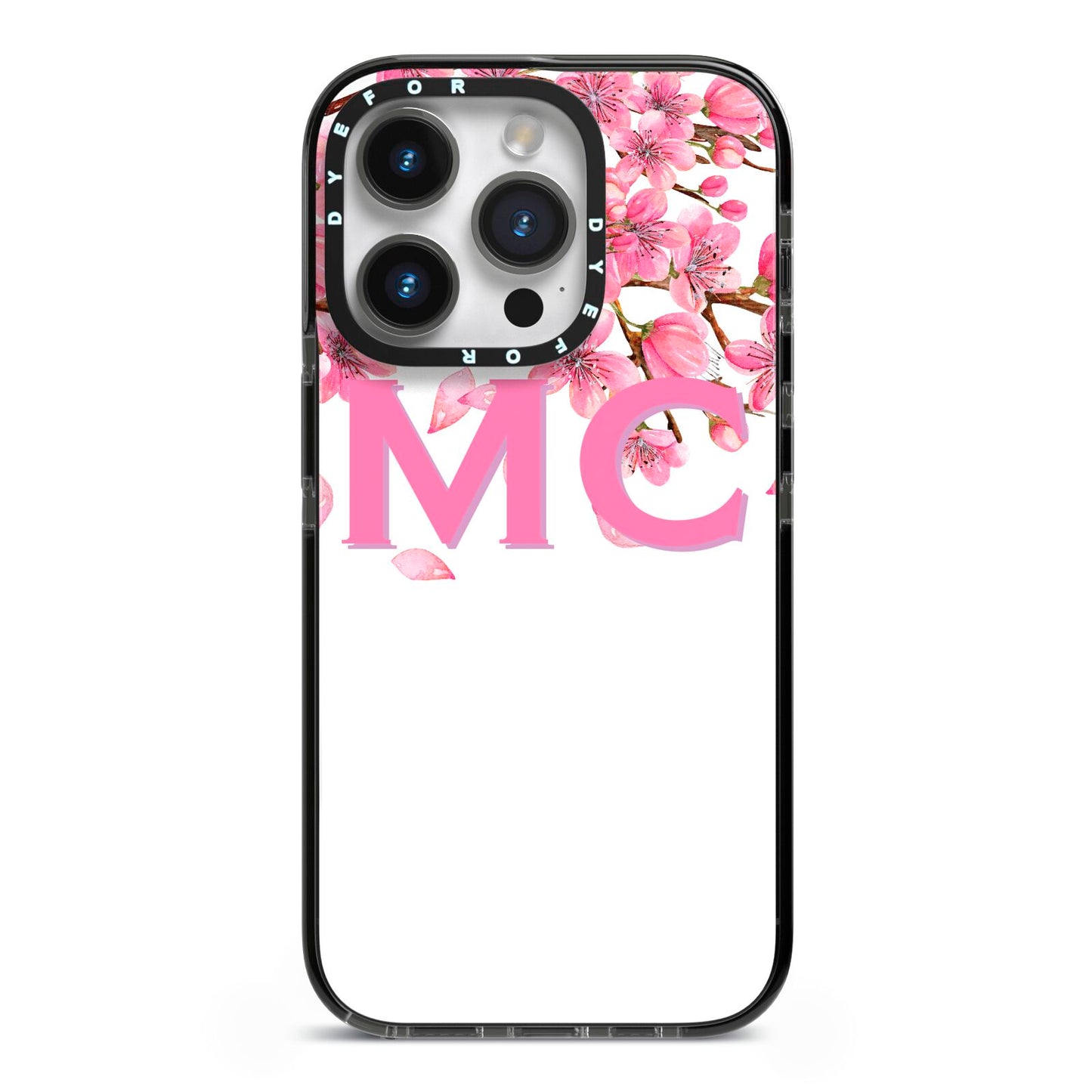 Personalised Pink White Blossom iPhone 14 Pro Black Impact Case on Silver phone