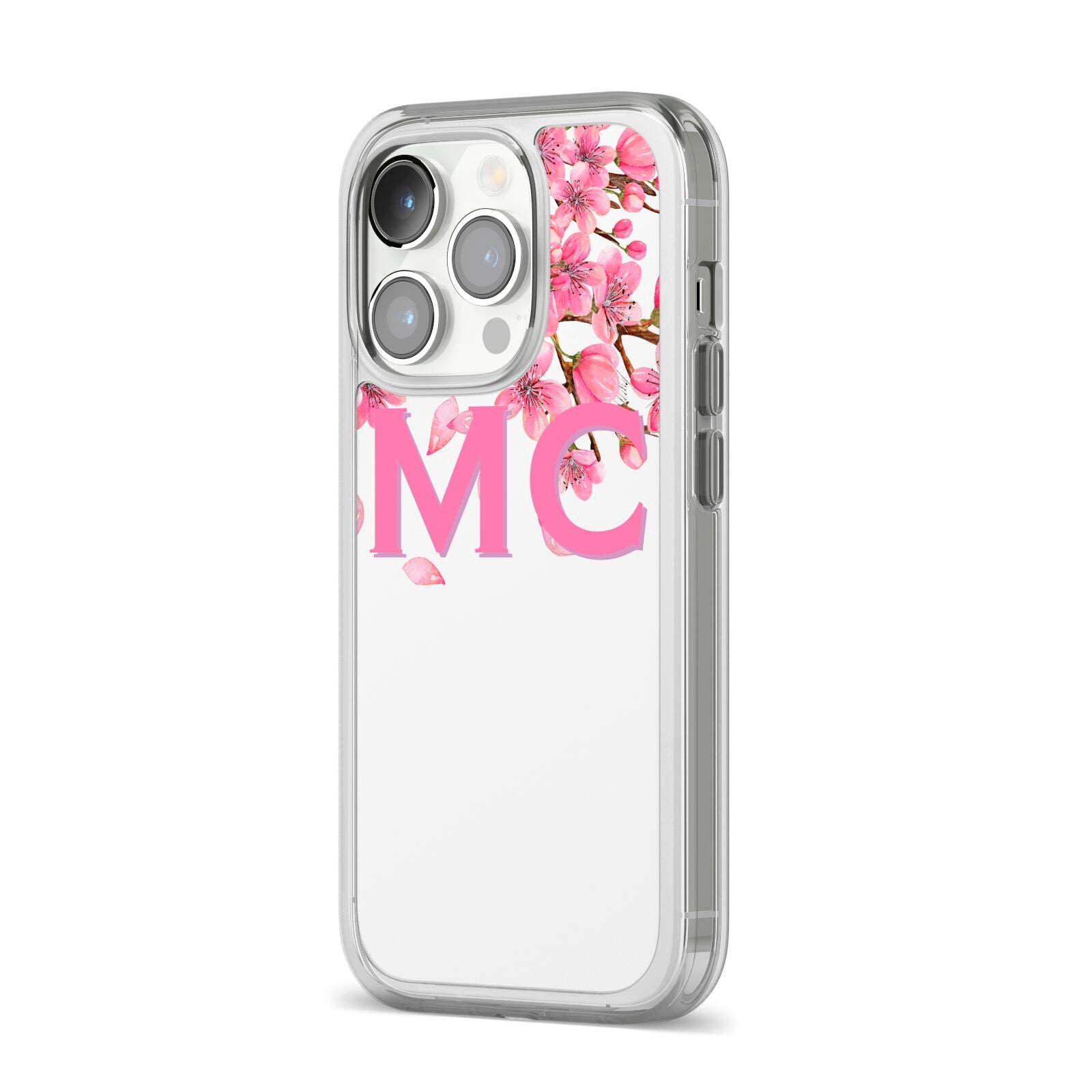 Personalised Pink White Blossom iPhone 14 Pro Clear Tough Case Silver Angled Image