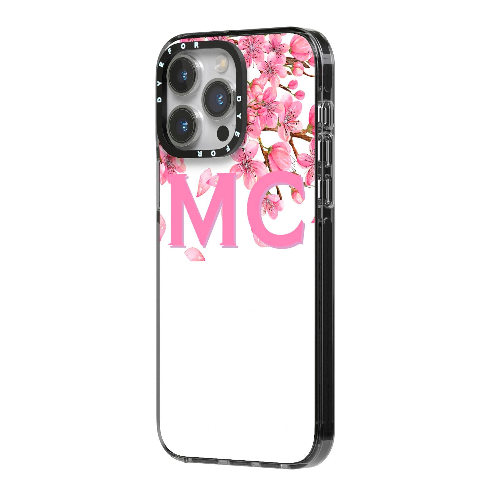 Personalised Pink White Blossom iPhone 14 Pro Max Black Impact Case Side Angle on Silver phone