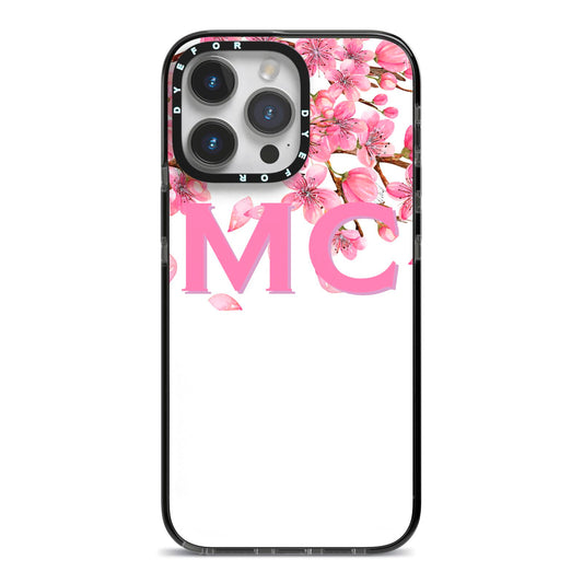 Personalised Pink White Blossom iPhone 14 Pro Max Black Impact Case on Silver phone
