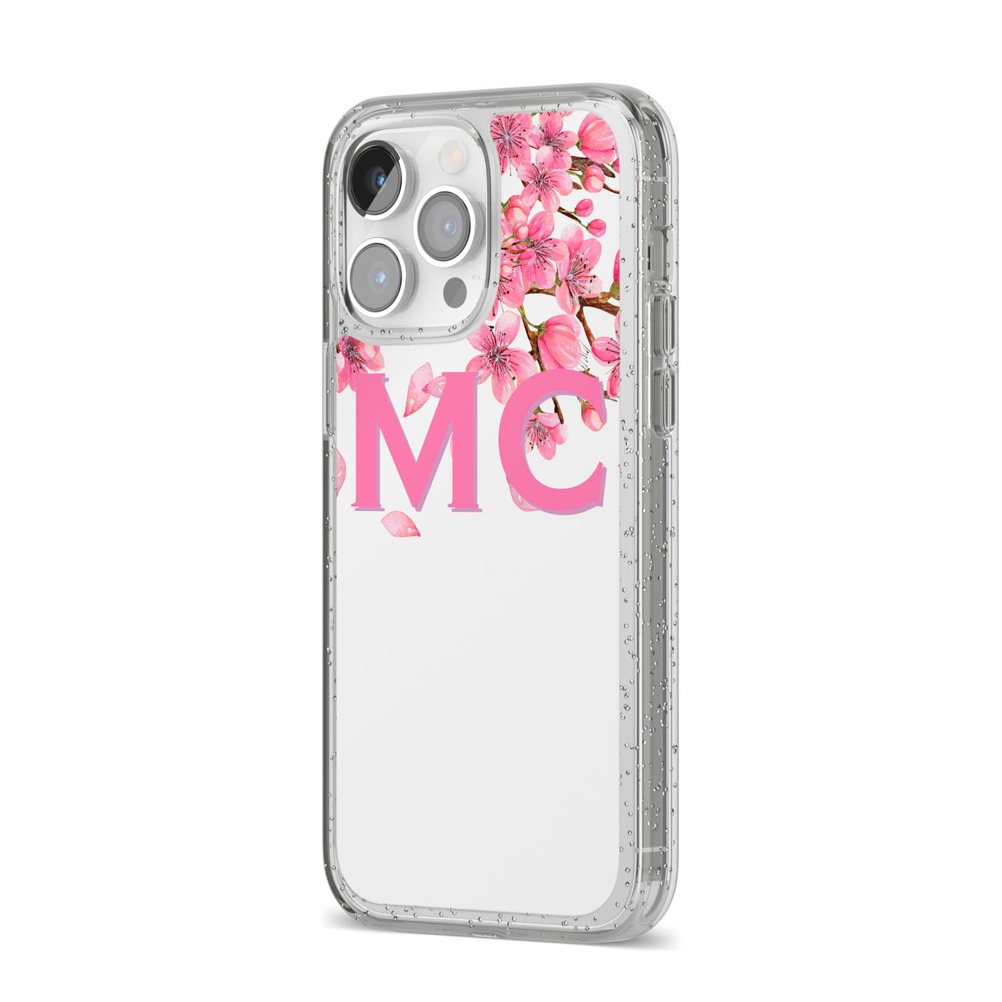 Personalised Pink White Blossom iPhone 14 Pro Max Glitter Tough Case Silver Angled Image