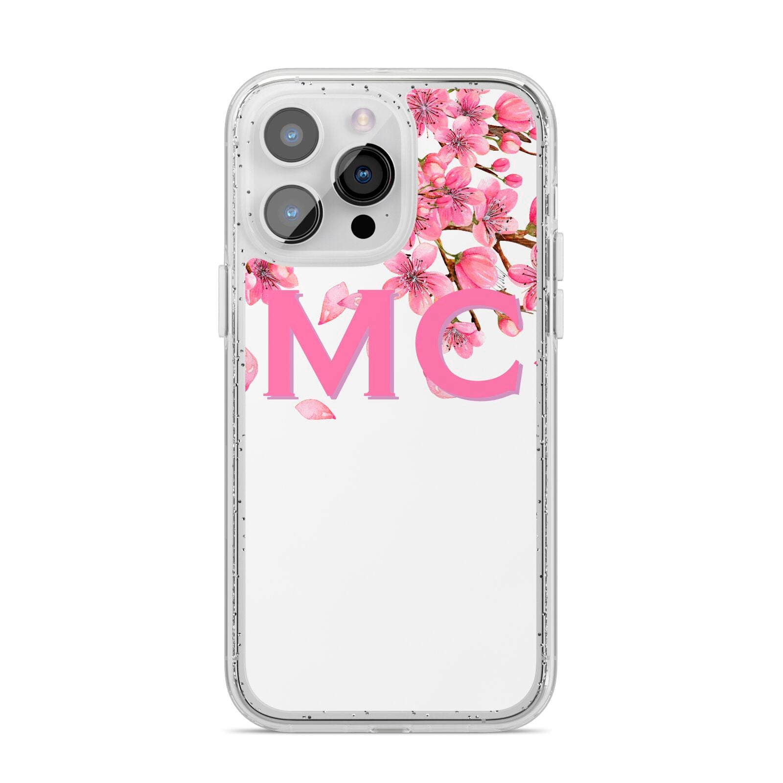 Personalised Pink White Blossom iPhone 14 Pro Max Glitter Tough Case Silver