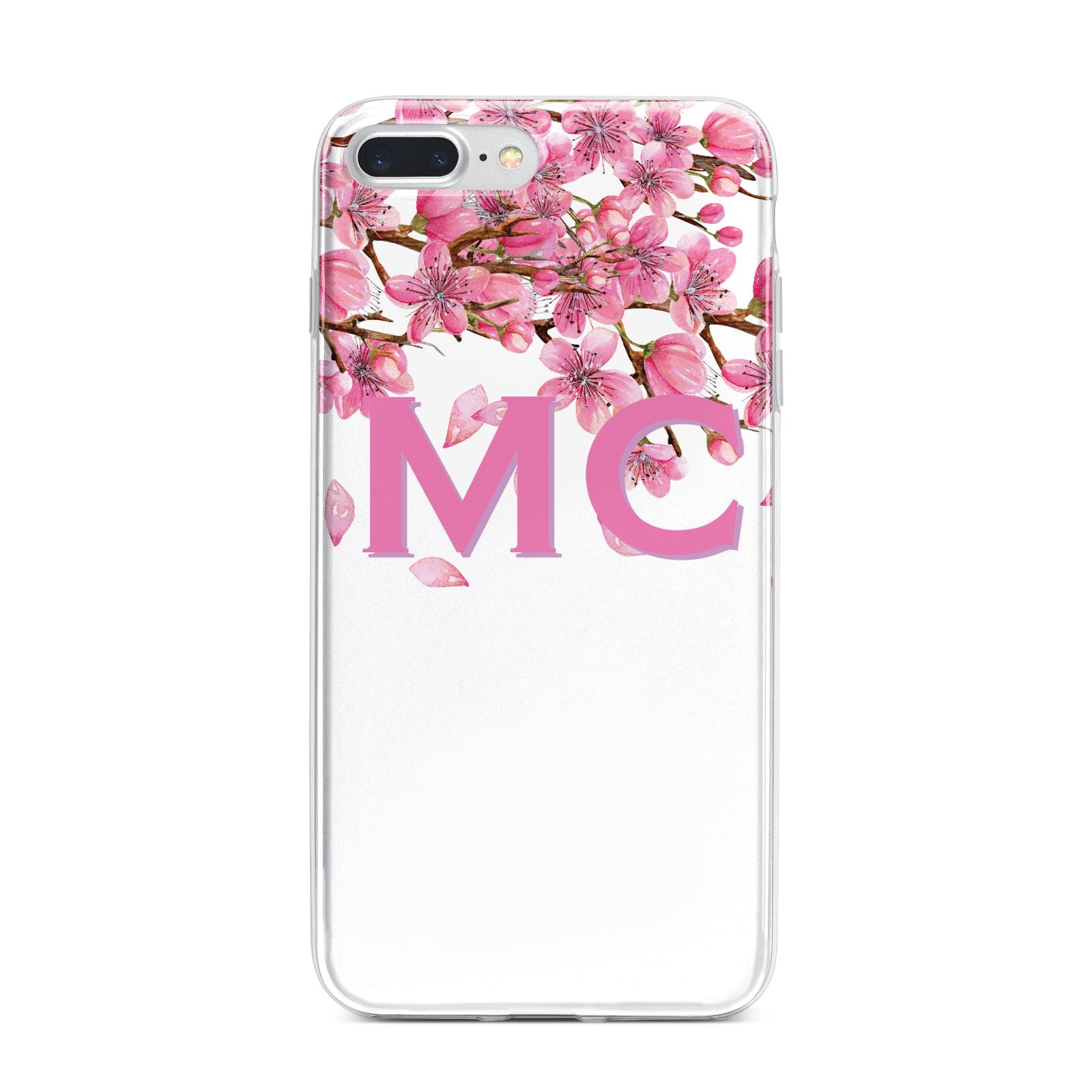 Personalised Pink White Blossom iPhone 7 Plus Bumper Case on Silver iPhone