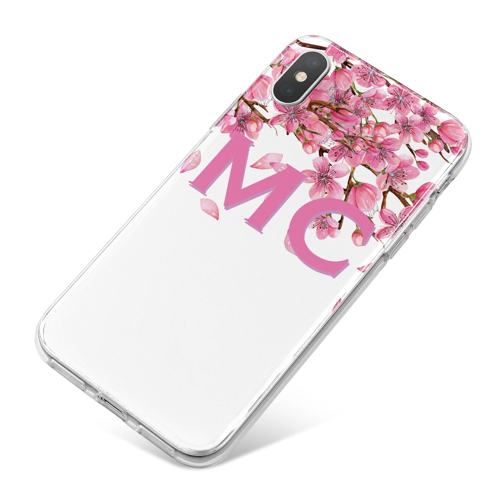 Personalised Pink White Blossom iPhone X Bumper Case on Silver iPhone
