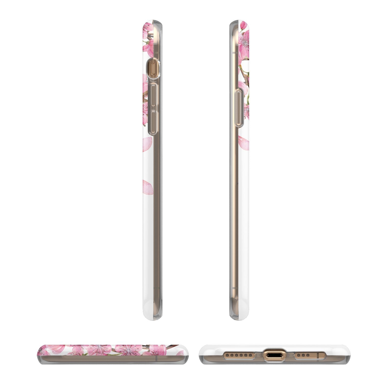 Personalised Pink White Blossom iPhone XS 3D Tough Case in Gold Angled Images