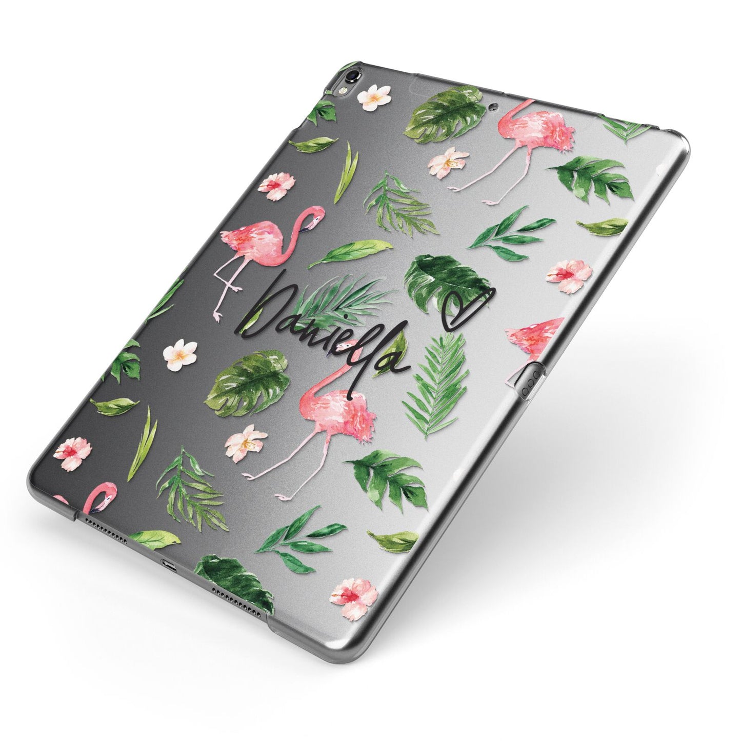 Personalised Pink White Flamingo Apple iPad Case on Grey iPad Side View