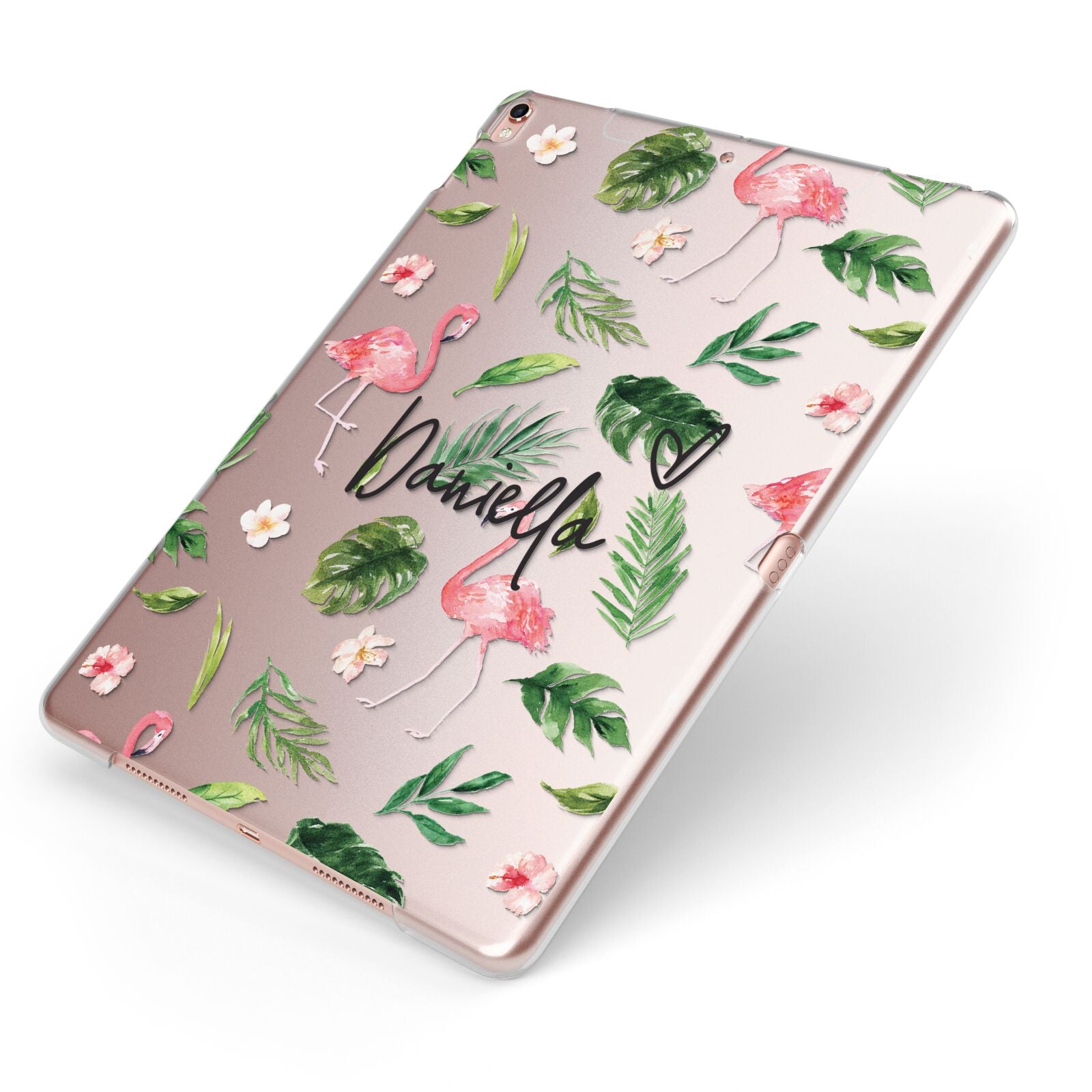 Personalised Pink White Flamingo Apple iPad Case on Rose Gold iPad Side View