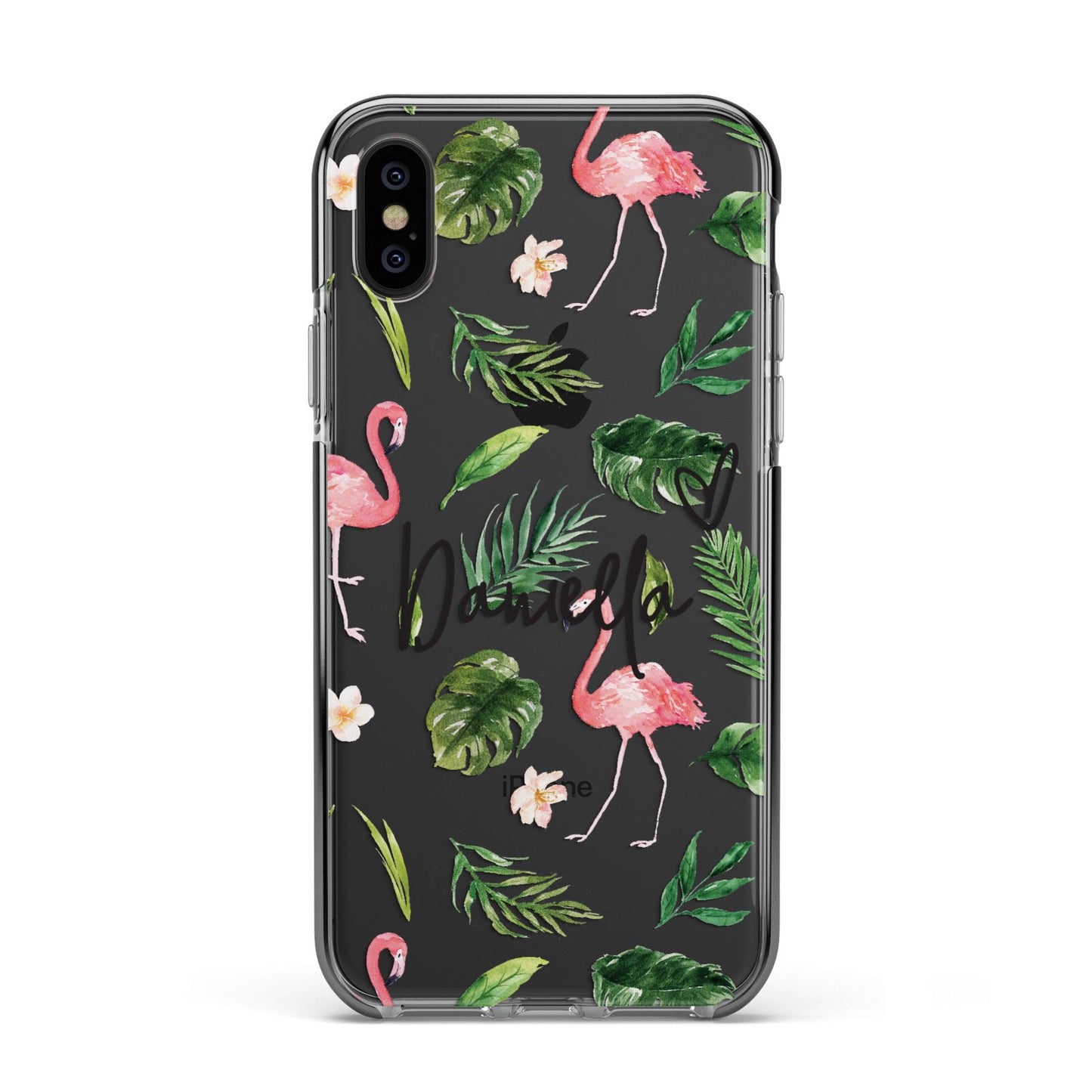 Personalised Pink White Flamingo Apple iPhone Xs Impact Case Black Edge on Black Phone