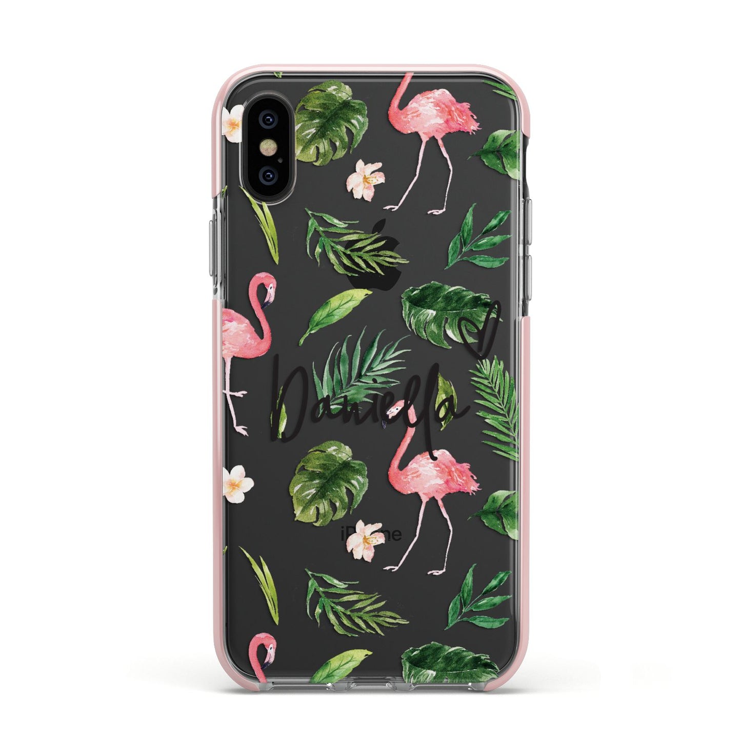 Personalised Pink White Flamingo Apple iPhone Xs Impact Case Pink Edge on Black Phone