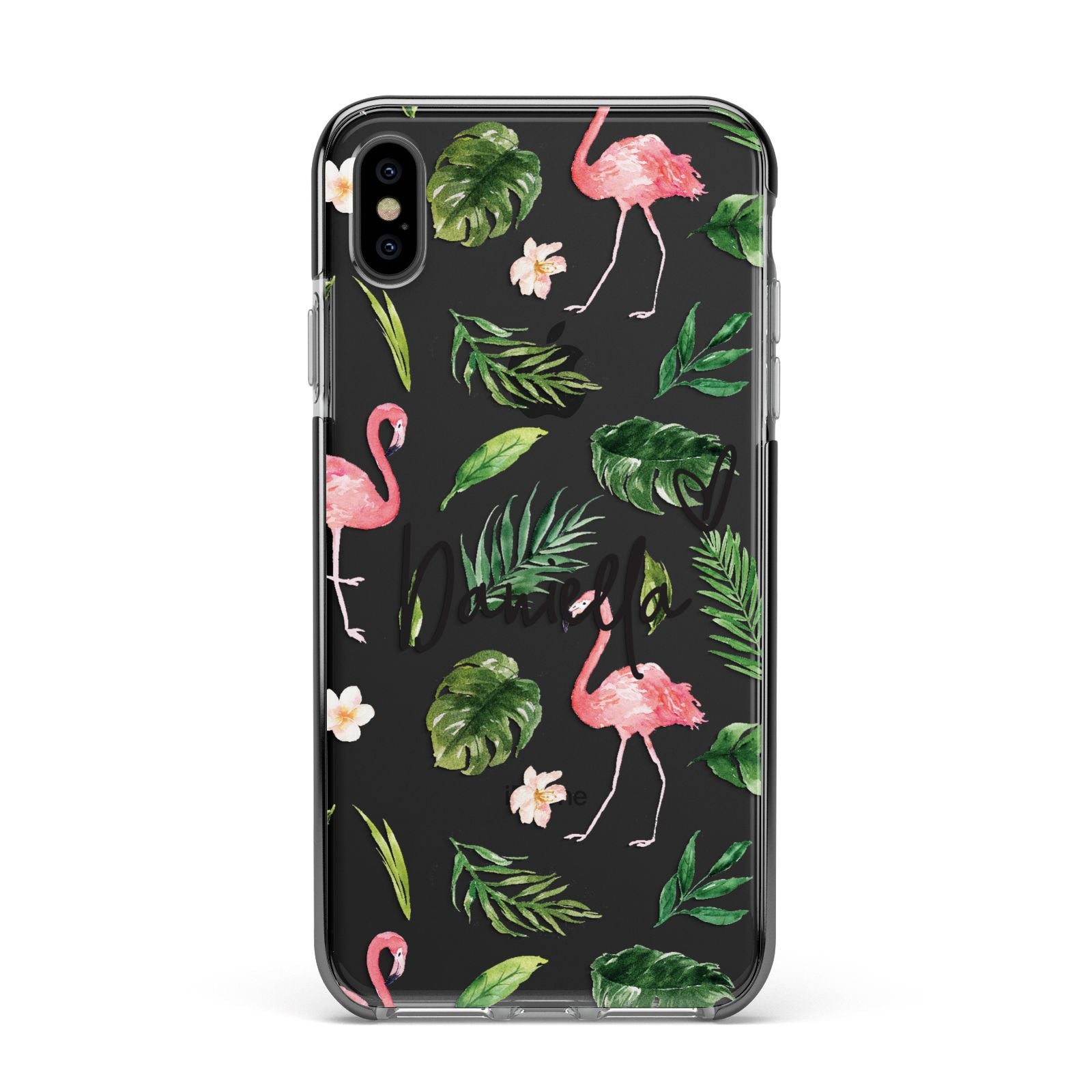 Personalised Pink White Flamingo Apple iPhone Xs Max Impact Case Black Edge on Black Phone