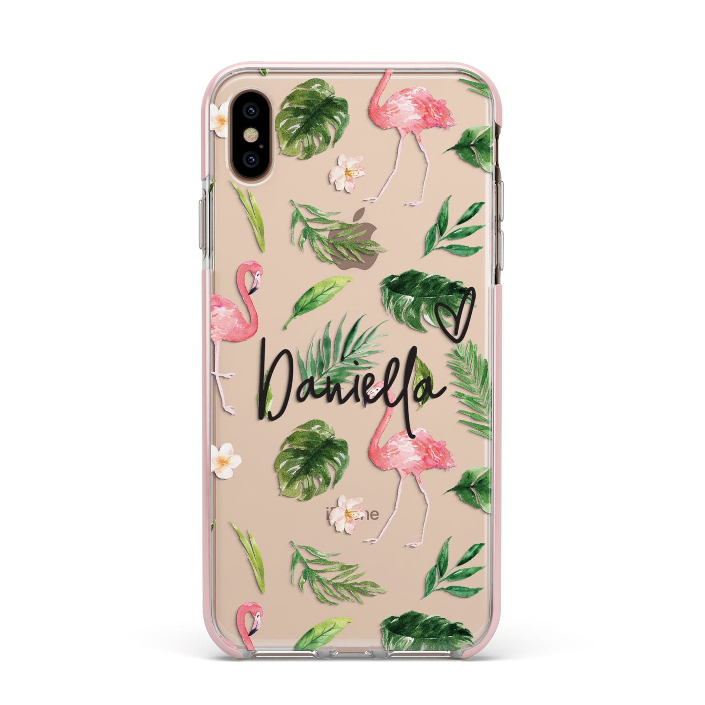Personalised Pink White Flamingo Apple iPhone Xs Max Impact Case Pink Edge on Gold Phone