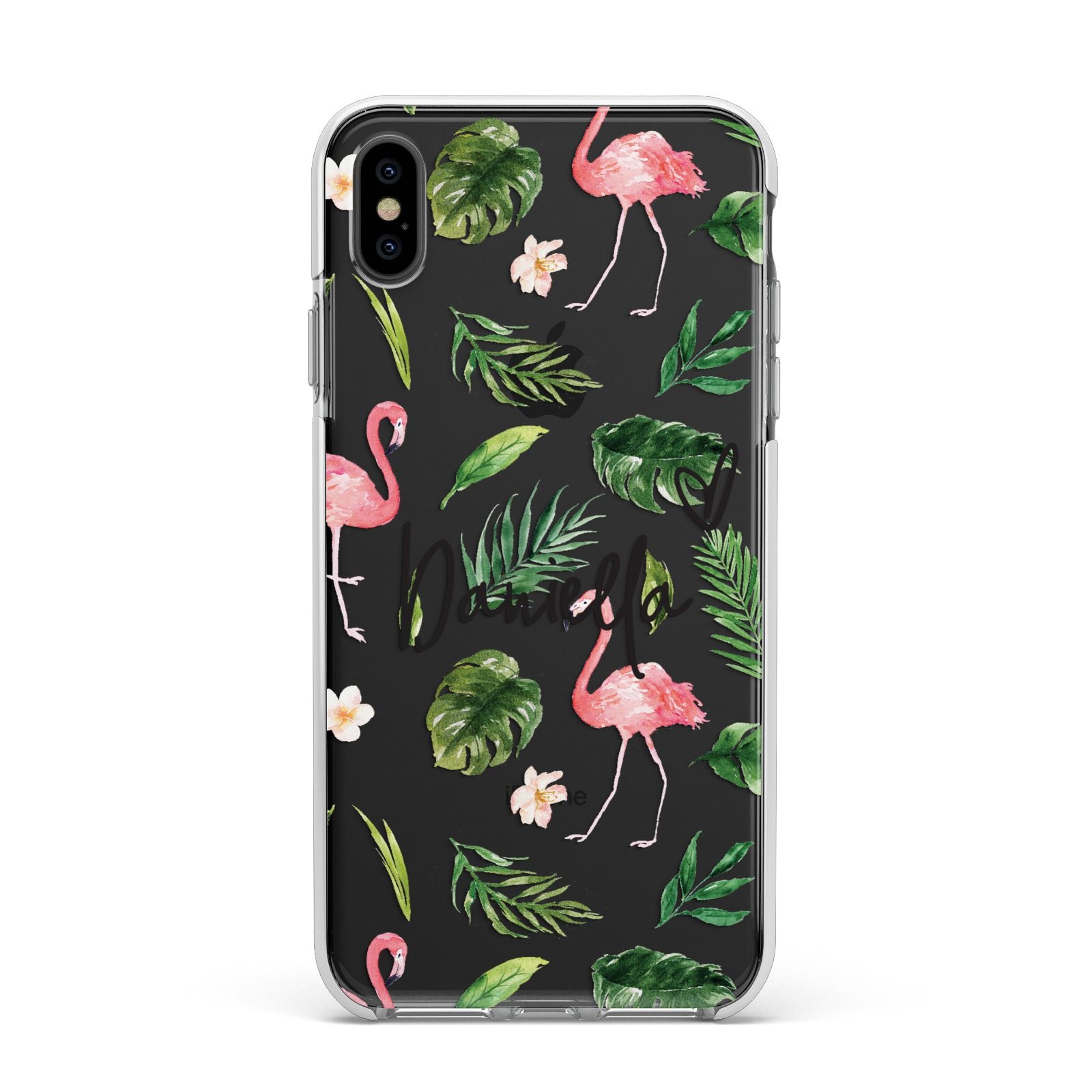 Personalised Pink White Flamingo Apple iPhone Xs Max Impact Case White Edge on Black Phone