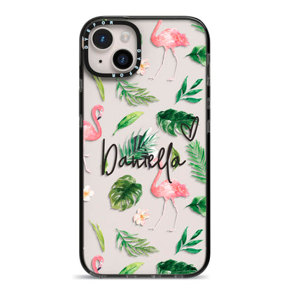 Personalised Pink White Flamingo iPhone 14 Plus Black Impact Case on Silver phone