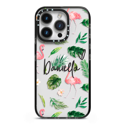 Personalised Pink White Flamingo iPhone 14 Pro Black Impact Case on Silver phone