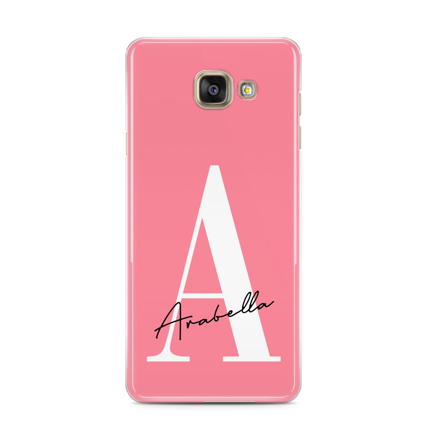 Personalised Pink White Initial Samsung Galaxy A3 2016 Case on gold phone