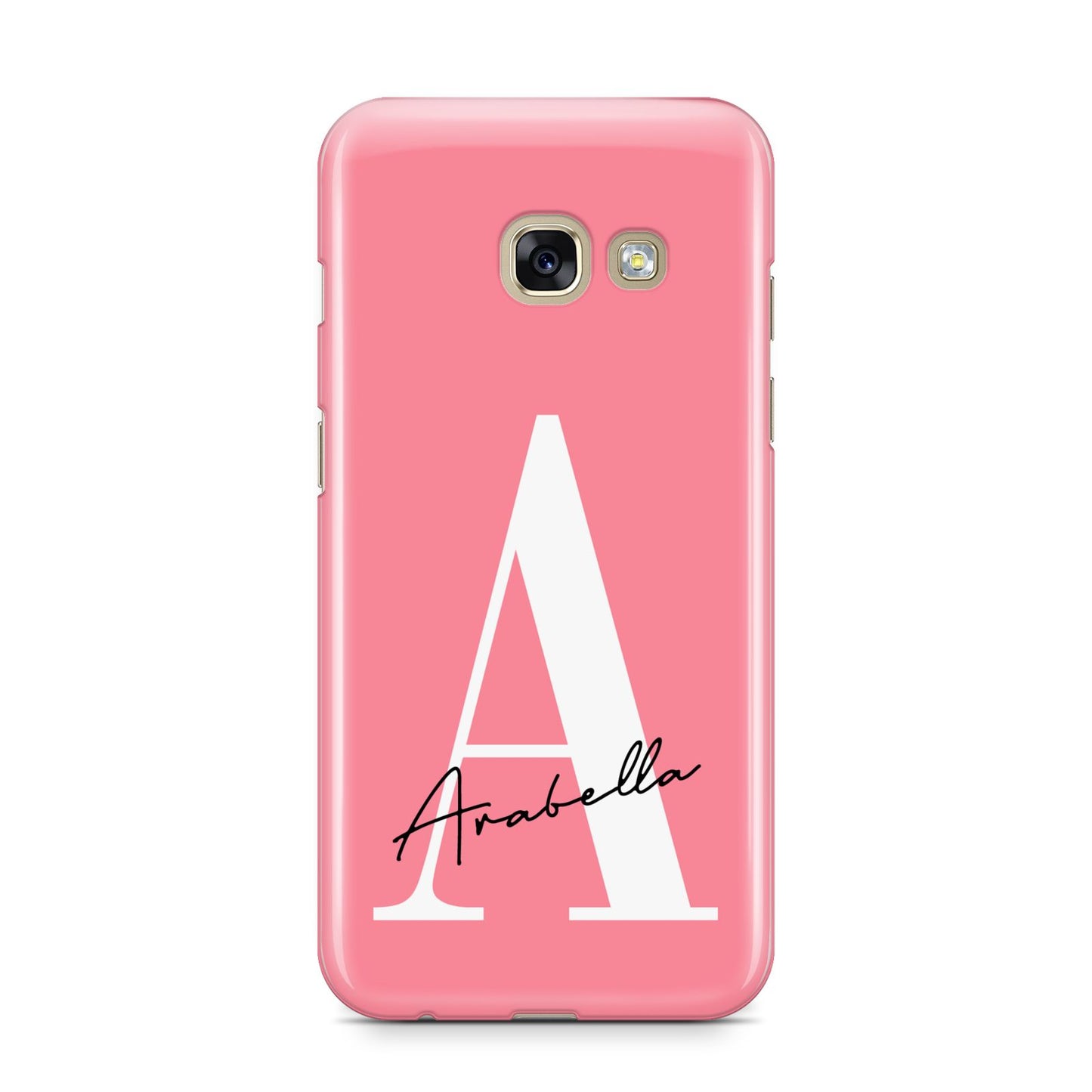 Personalised Pink White Initial Samsung Galaxy A3 2017 Case on gold phone