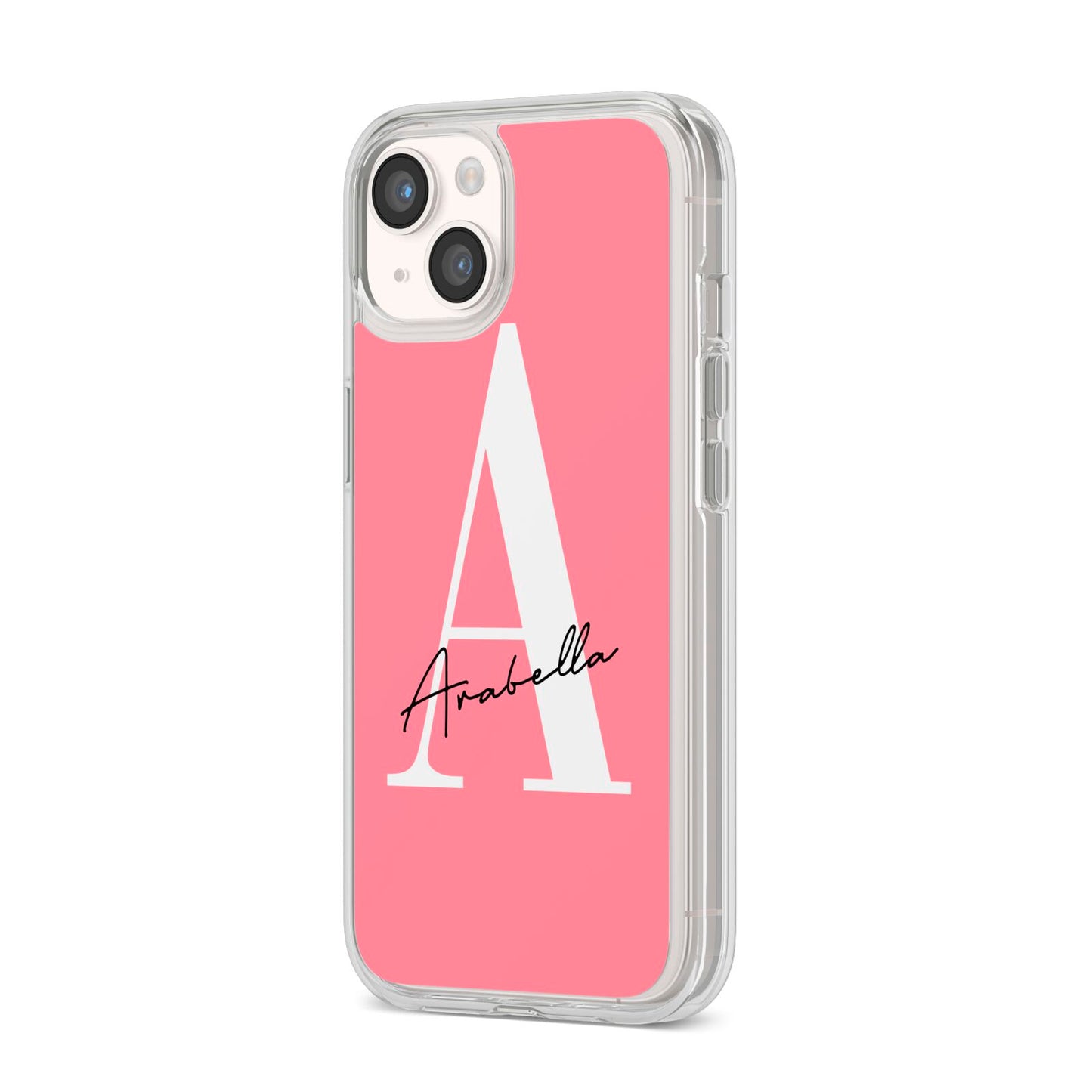 Personalised Pink White Initial iPhone 14 Clear Tough Case Starlight Angled Image