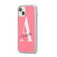 Personalised Pink White Initial iPhone 14 Plus Clear Tough Case Starlight Angled Image