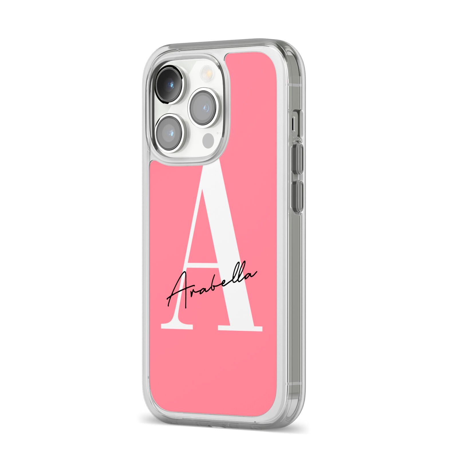 Personalised Pink White Initial iPhone 14 Pro Clear Tough Case Silver Angled Image