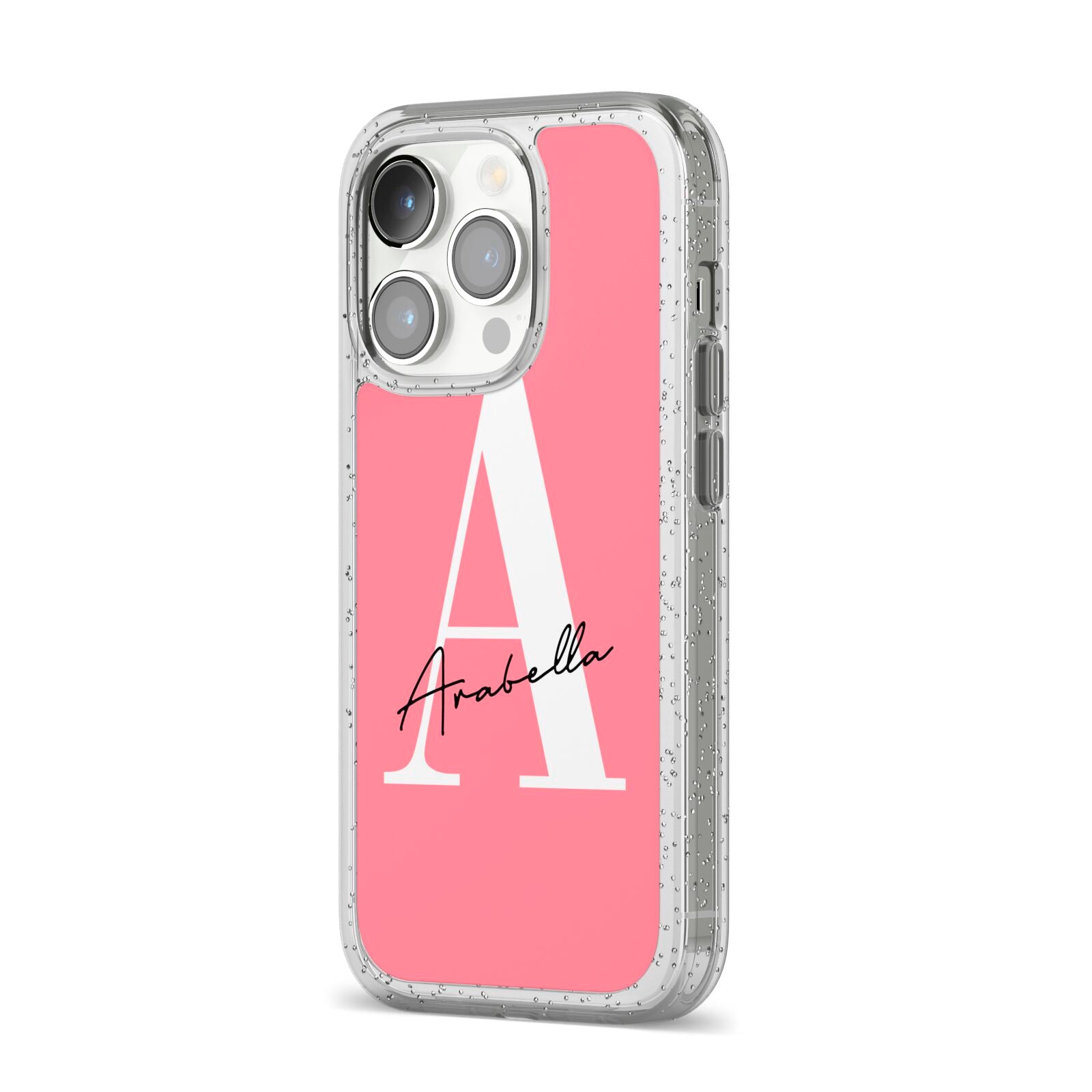 Personalised Pink White Initial iPhone 14 Pro Glitter Tough Case Silver Angled Image