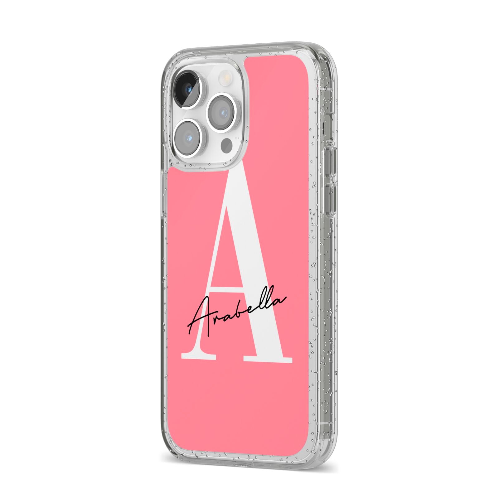 Personalised Pink White Initial iPhone 14 Pro Max Glitter Tough Case Silver Angled Image