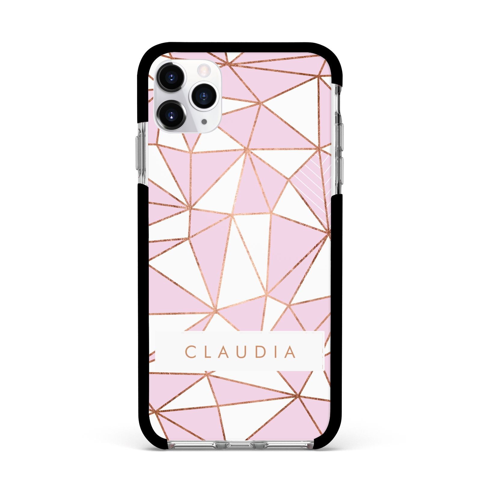 Personalised Pink White Rose Gold Name Apple iPhone 11 Pro Max in Silver with Black Impact Case